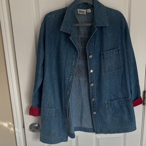 VINTAGE Chico's Blue Jean Jacket with Red Cuffs 100% cotton and silk